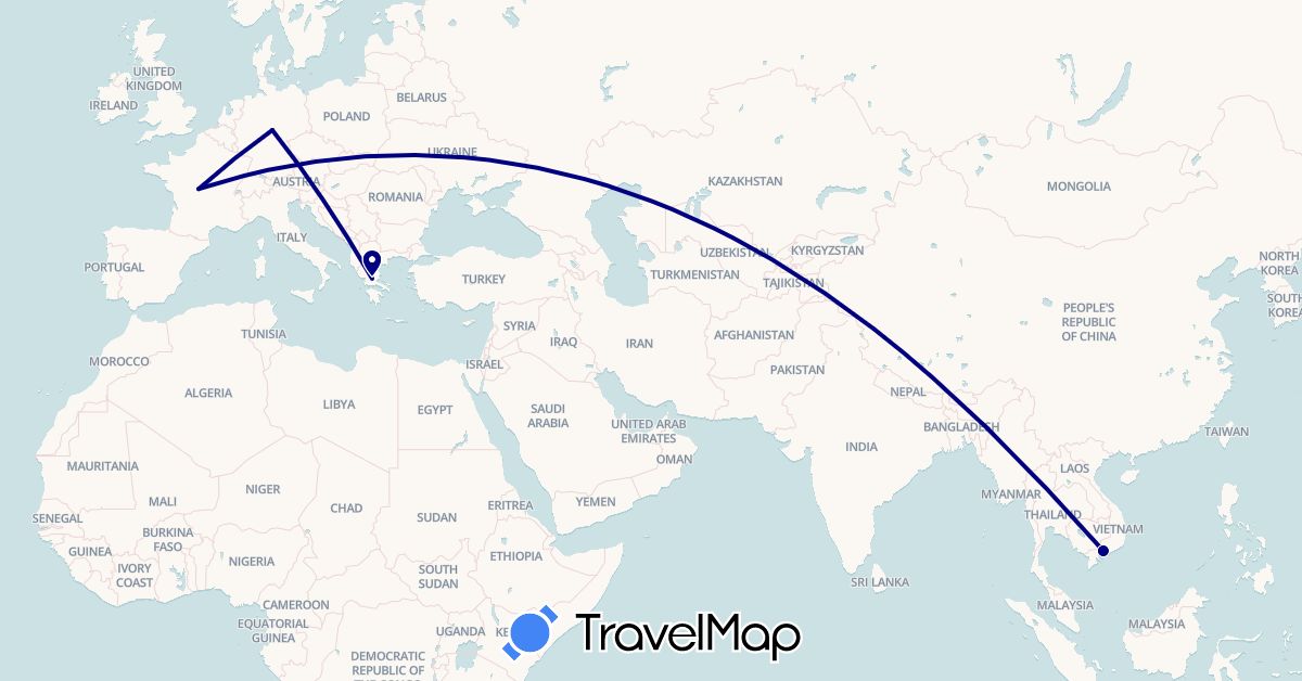 TravelMap itinerary: driving in Germany, France, Greece, Vietnam (Asia, Europe)